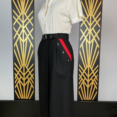 1980s pencil skirt, black wool, vintage wrap skirt, gothic style, high waist, 26 waist, cache d'or, statement, red striped, sexy,  pin up 