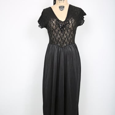 Vintage Black Sheer Floral Lace Negliee Dress Nightgown Lingerie 