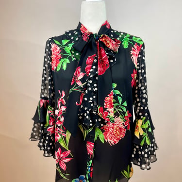 1990s Joseph Ribkoff Floral Blouse with Neck Tie 