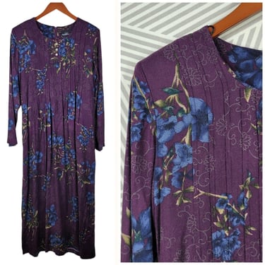 Vintage 90s Party Dress size 10 Floral Shirt Rose Pleated Front Secretary Purple 