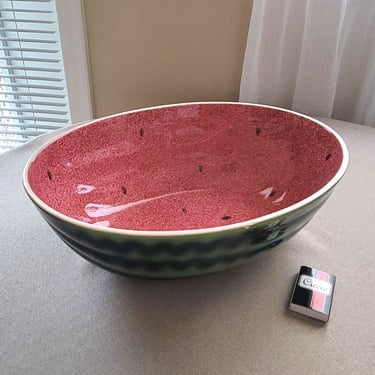 Large salad bowl WATERMELON Green/pink fruit pot Vintage pottery Table centerpiece 