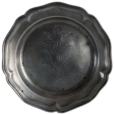 Antique Continental Pewter Wrigglework Wavy Edge Multi-Reed Floral Plate 