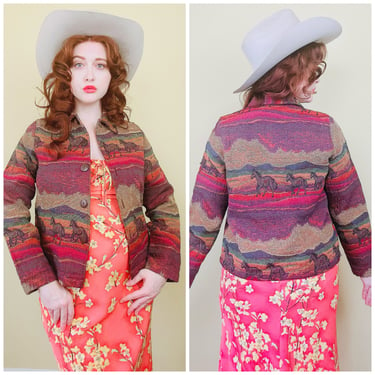 1990s Vintage Sara Studio Cotton Western Jacket / 90s Rainbow Horse Desert Tapestry Coat / Medium 