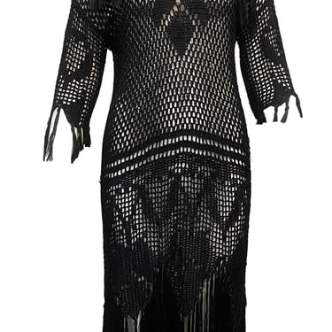 20s Black Rayon Blend Hand Crochet Dress with Fringe