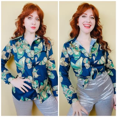 1970s Vintage Porterhouse Poly Satin Butterfly Blouse / 70s / Seventies Novelty Print Blue Shirt / Size Medium - Large 