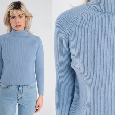 Blue Turtleneck Sweater Y2K Ribbed Knit Shirt Long Raglan Sleeve Sweater Top Basic Tee Turtle Neck Plain Pastel Acrylic Vintage 00s Small S 