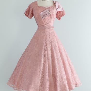 Classic 1950's Rose Pink Lace Cocktail Dress By DuBerry / Large