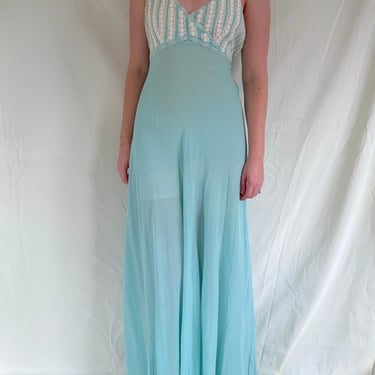 1930's Turquoise Silk Slip with White Lace