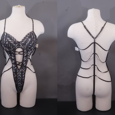 Y2K Fredericks of Hollywood Strappy Bodysuit – Silver/Black,Sexy Open Back, Unworn with Tags, Small, Made in USA 