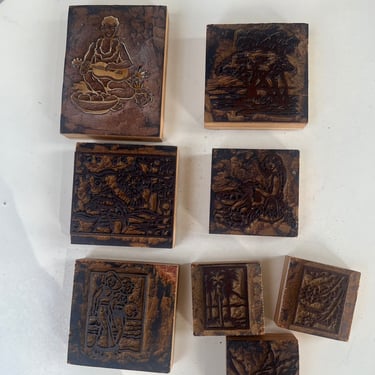 Vintage set 8 printing wood blocks letterpress tropical Hawaiian themed 