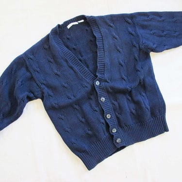 Vintage 90s Navy Blue Cotton Cable Knit Cardigan S M - Liz Claiborne Grunge Baggy Knit Sweater - Cottagecore Academia Prep Style 