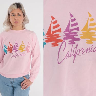 California Sweatshirt 80s 90s Baby Pink Sweatshirt Sailboat Palm Tree Graphic Raglan Sleeve Crewneck Retro Nautical Tourist Vintage Medium 