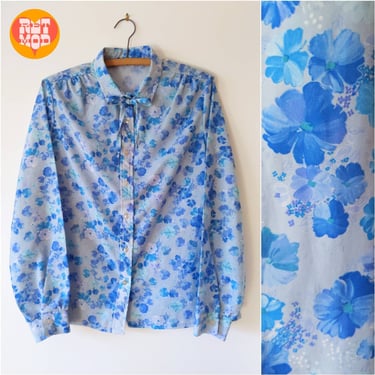 Sweet Vintage 70s 80s Blue Floral Long Sleeve Blouse with Tie 