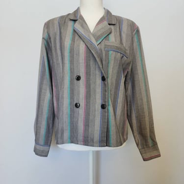 Vintage 1980's Oak-Hill Black, Gray, Teal, Blue and Pink Striped Double Breasted Lightweight Blazer 40" Bust 