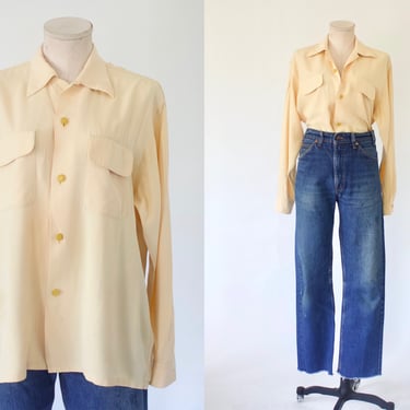 1950s Button Down Collared Utility Shirt - Vintage 50s Loose Fitting Viscose Casual Dress Shirt - Large 