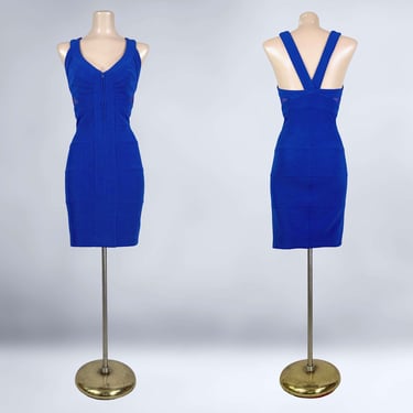 VINTAGE 80s Electric Blue Peek-a-Boo Mesh Cocktail Mini Dress by Tadashi Size Large | 1980s Cutout Illusion Party Bandage Dress | VFG 