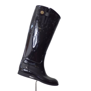 LOUIS VUITTON- Black Monogram Rubber Rain Boots, Size 37