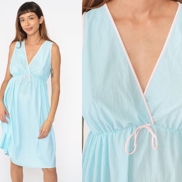 Aqua Blue Slip Dress 70s Nightgown Lingerie Midi Dress Pastel Chemise Deep V Neck Empire Waist Nightie Vintage 1970s Sleeveless Small Medium 