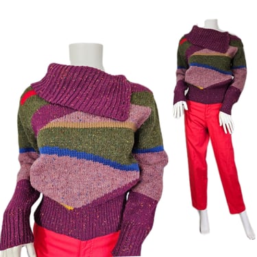 1980s Muave Color Block Wool Blend Cowl Neck Sweater I Sz Med I Joyce 