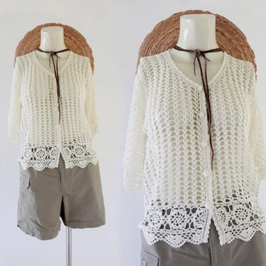 pointelle knit cardigan top - s - vintage 90s y2k womens cream ivory short sleeve button front crochet top shirt sweater blouse knit small 