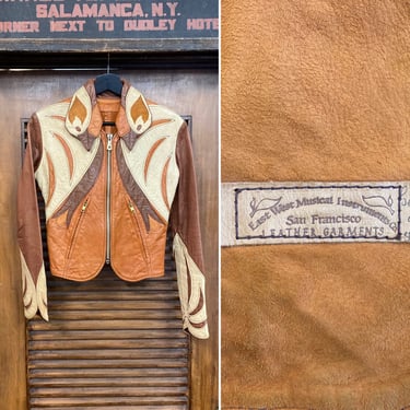 Vintage 1960’s East West Musical Instruments “Parrot” Hippie Rocker Glam Leather Jacket, 60’s Vintage Clothing 