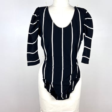 Vintage 80s Workout Leotard / Puffy Sleeves Black White Striped Jazzercise / Vintage Sporty Gym Suit Bodysuit Aerobics / 1980s Medium Small 