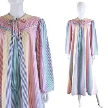 Vintage Rainbow Seersucker Caftan House Dress - 1970s Rainbow Caftan - 1970s Rainbow Maxi Dress - Vintage Rainbow House Dress  | Size XL 