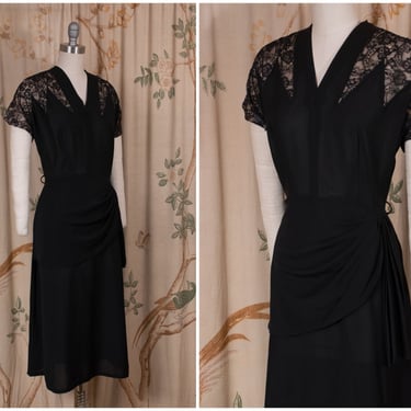 1940s Dress - Sultry Vintage 40s Black Rayon Crepe Frock with Sawtooth Nude Illusion Yoke 