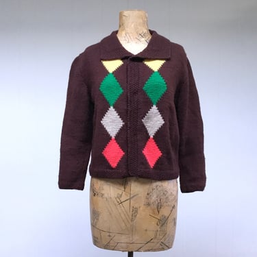 Vintage 1960s Hand-Knit Cardigan, Mid-Century Brown Wool Argyle Cropped Sweater, Small 38" Bust 