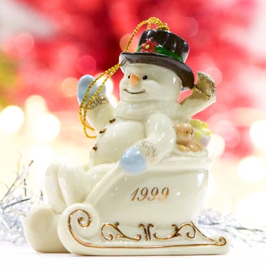 VINTAGE: 1999 LENOX Snowman Ornament in Sled - Ivory With Gold Trim Porcelain - SKU 30-410-00016209 