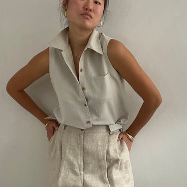 90s linen blouse / vintage oatmeal beige Giorgio Sant Angelo woven linen cotton collared sleeveless blouse pocket shirt blouse | Medium 