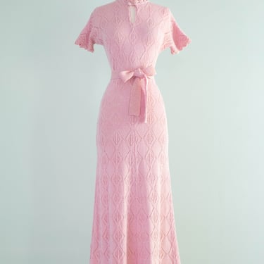 Fabulous 1970's Cherry Blossom Pink Knit Dress By JoAnn Knits / ML