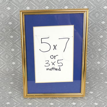 Vintage Picture Frame - Gold Tone Metal w/ Glass, Blue Mat - Holds 3" x 5" Photo w/ Mat or 5" x 7" Photo w/o Mat - Tabletop or Wall Display 