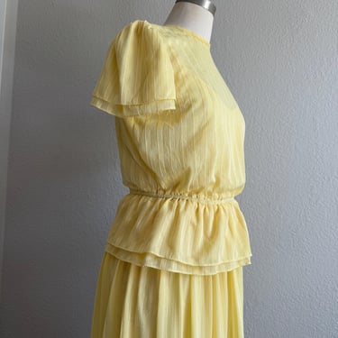 Vintage 70s Knit Butter Yellow Sweet Dress with Matching Peplum Blouse; 70s Feminine Striped Spring Dress; 70s Formal Summer Maxi Dress M L 