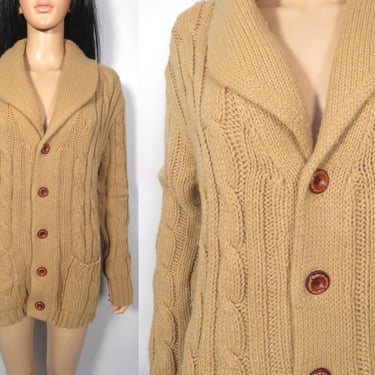 Vintage 70s Unisex Camel Shawl Collar Cardigan Size S/M 