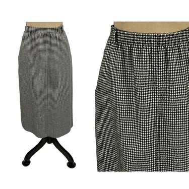 M ~ 80s Black and White Houndstooth Skirt Medium, Wool Blend Elastic Waist Midi with Pockets & Belt Loops, 1980s Vintage Clothes for Women 