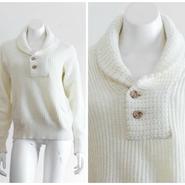 Cream colored knit shawl collar sweater with pockets 