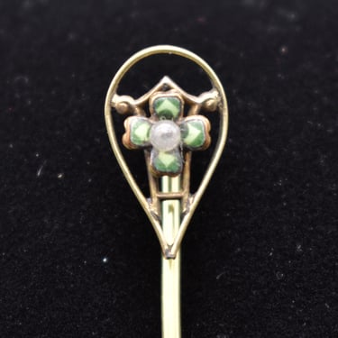 1900's Victorian gold filled enamel shamrock lapel stick pin, antique GF four leaf clover teardrop frame hat pin 