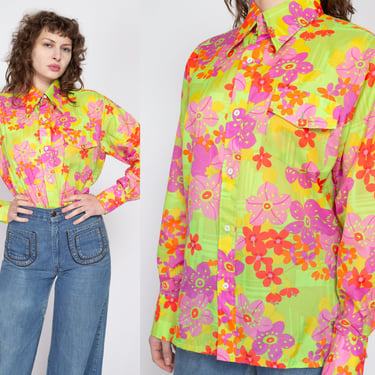 Lrg-XL 70s Neon Flower Power Nylon Disco Shirt Unisex | Vintage Colorful Floral Long Sleeve Collared Button Up Mod Top 
