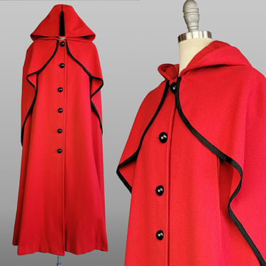 Red Cape w/ Hood / 1960s Lipstick Red Long Wool Cape with Hood / Inverness Cape / Red Cloak / Hooded Cape / Size One Size Small Medium Large 