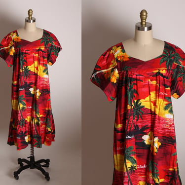 1980s Red, Yellow, Green and Black Short Petal Sleeve Muu Muu Style Hawaiian Novelty Print Dress by Ali’I Fashions Hawaii -XL 