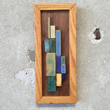 Abstract Stoneware Tiles on Walnut in Vintage Oak Frame by Colin Kennedy