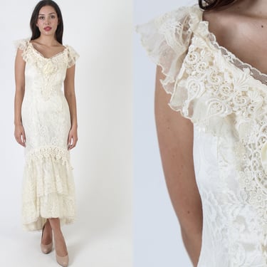 1980s Art Deco Floral Lace Dress, See Through Sheer Ivory Wedding Gown, Romantic Hi Lo Hem Bridal Outfit 