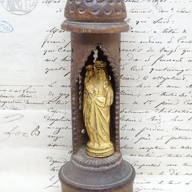 Antique 1800's French Altar Shrine with Sainte Anne de-Beaupré,  Religious Art, Vintage Small 7 inch Nicho Icon France Santos Niche 