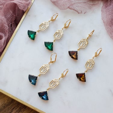 Art Deco earrings, French earrings, emerald sapphire topaz drop earrings, gift for her, birthstone earrings 