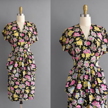 1940s dress | Key-Hole Floral Print Rayon Cocktail Party Dress | Small | 40s vintage dress 