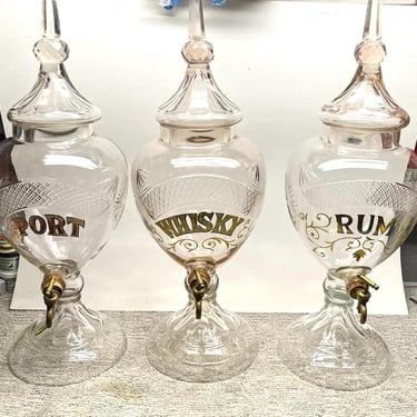 Antique Monumental Cut Crystal Glass Liquor Dispenser Decanter - Set of 3