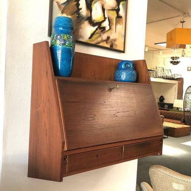 Vintage Fold Up Wall Desk - Miud-Century Teak with Working Lock and Key 