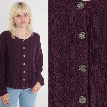 Dark Purple Cardigan 90s Cable Knit Cardigan Button up Sweater Retro Eggplant Jumper Cableknit Cozy Fall Simple Basic Vintage 1990s Large L 
