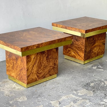 Pair of Mid Century Brass and Burl wood Laminate Side End Tables 